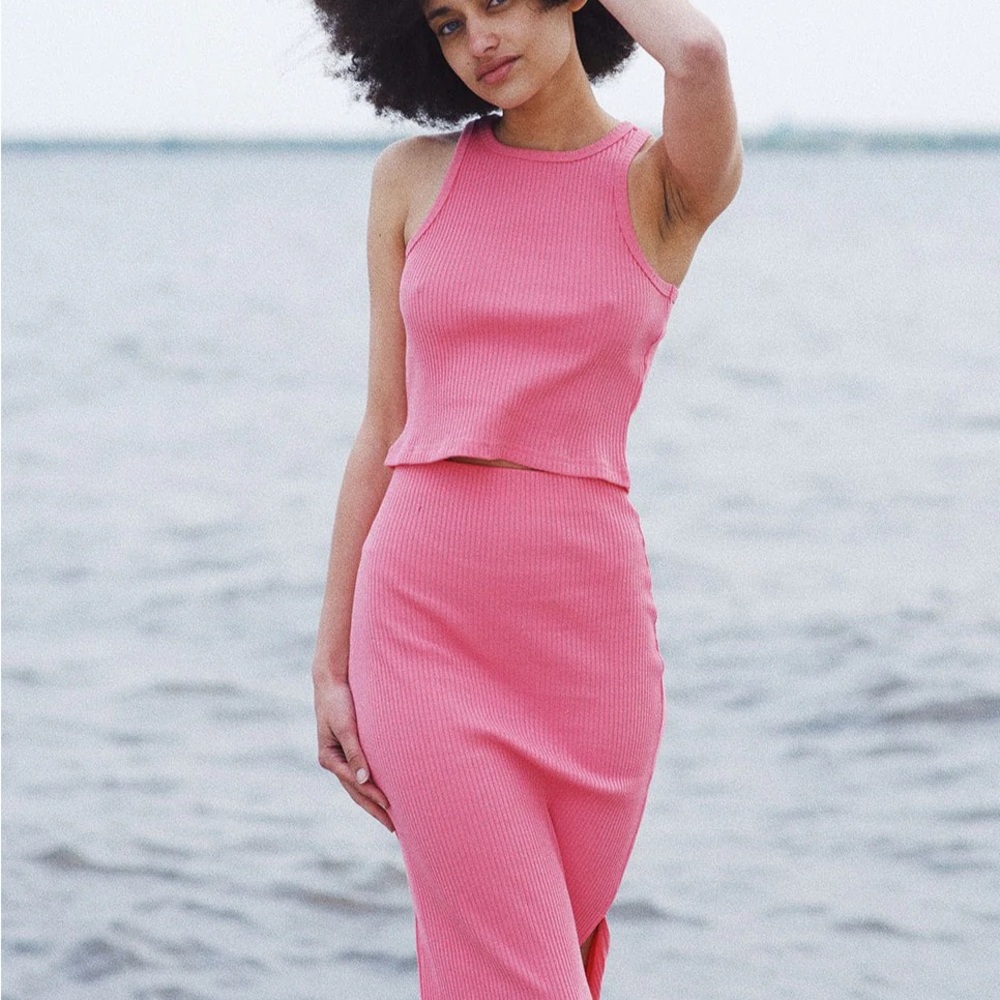 Pink Midi Pencil Skirt with Slit